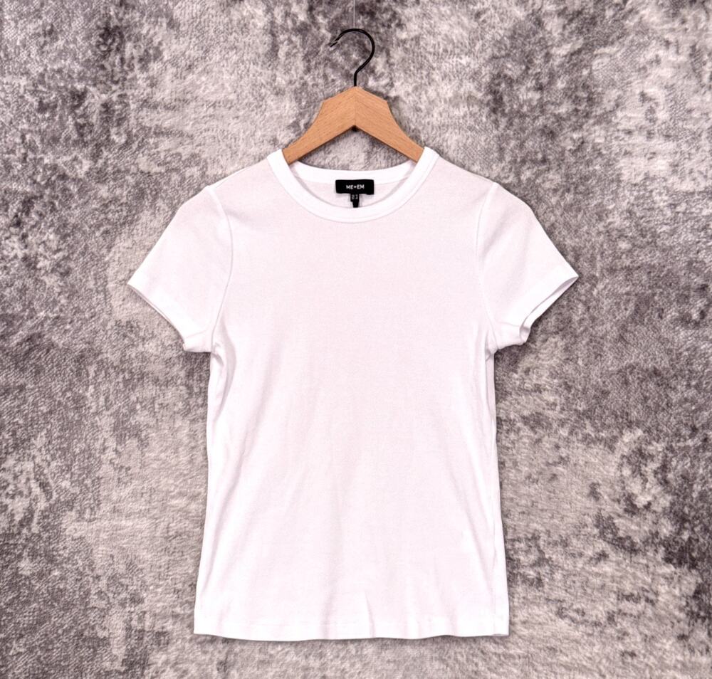 Me + Em T Shirt 6 Womens White Ribbed Stretch Cotton Short Sleeve Crew Neck Top